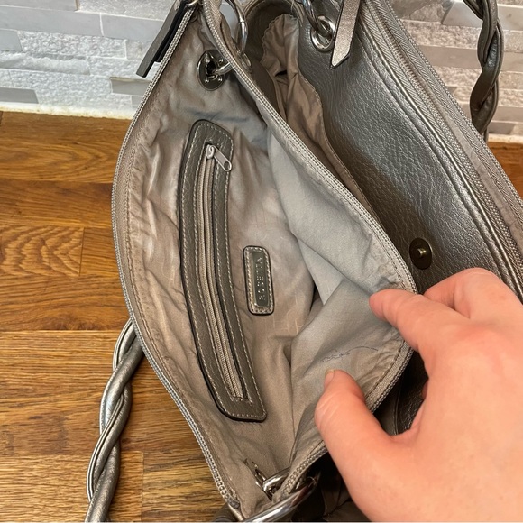 Rosetti Silver Metallic Satchel Shoulder Bag Faux Leather Braided Straps - Picture 9 of 14